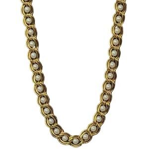 Vintage Caged Pearl Necklace Goldtone Double Open Link Appx 18.5" FAUX PEARL